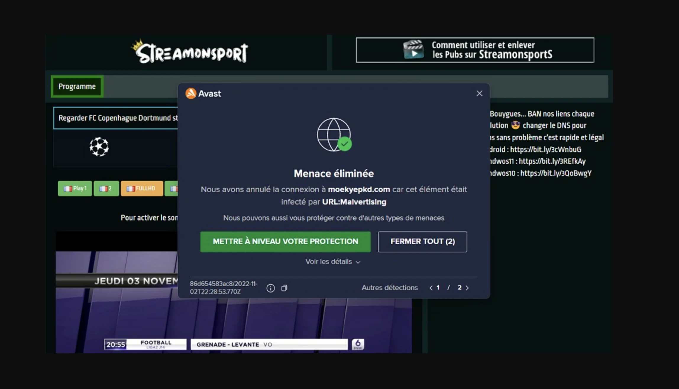 Virus et publicités intrusives sur Streamonsport