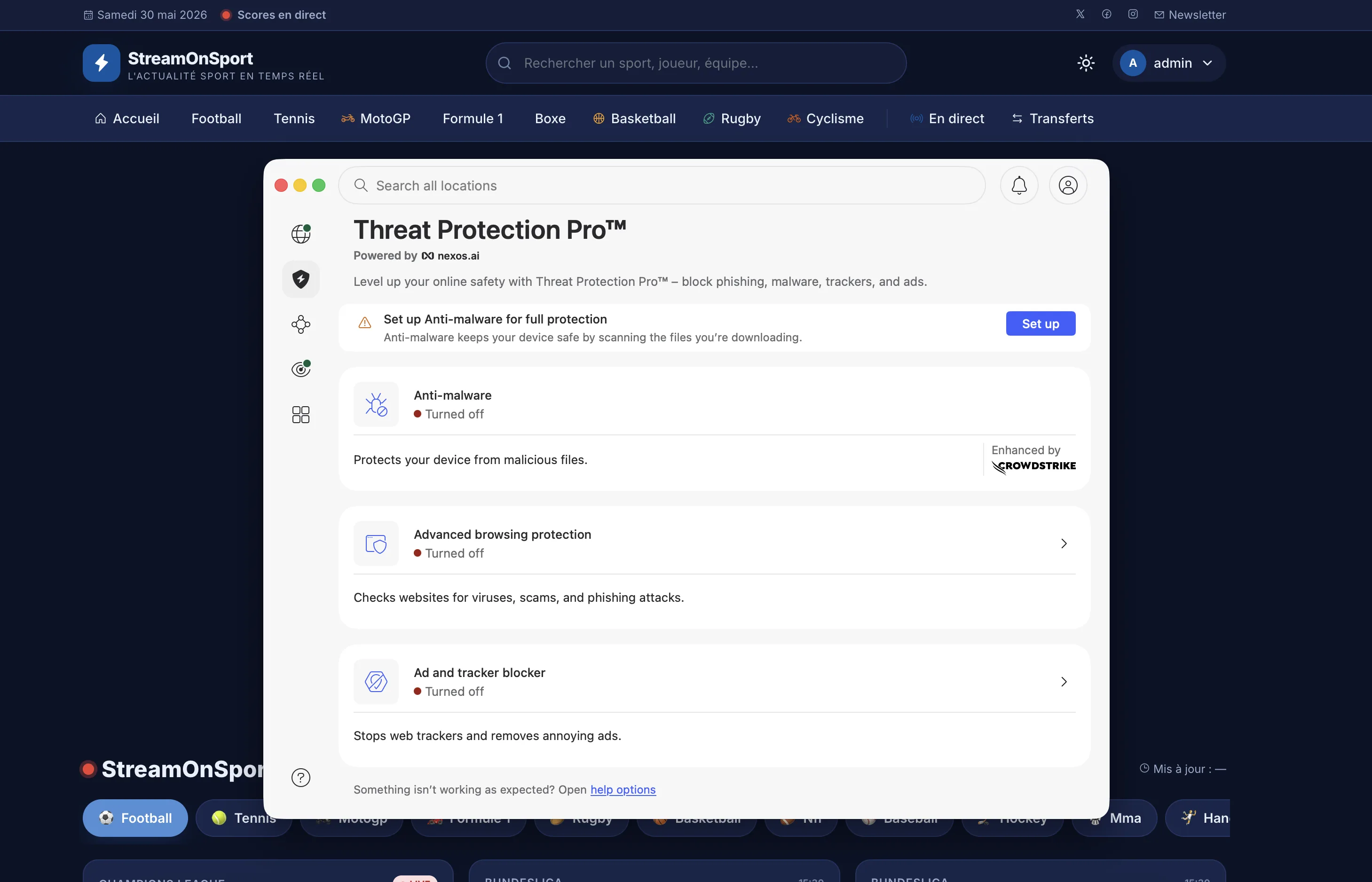 Étape 5 NordVPN : Active le bloqueur de pub, puis ouvre StreamOnSport