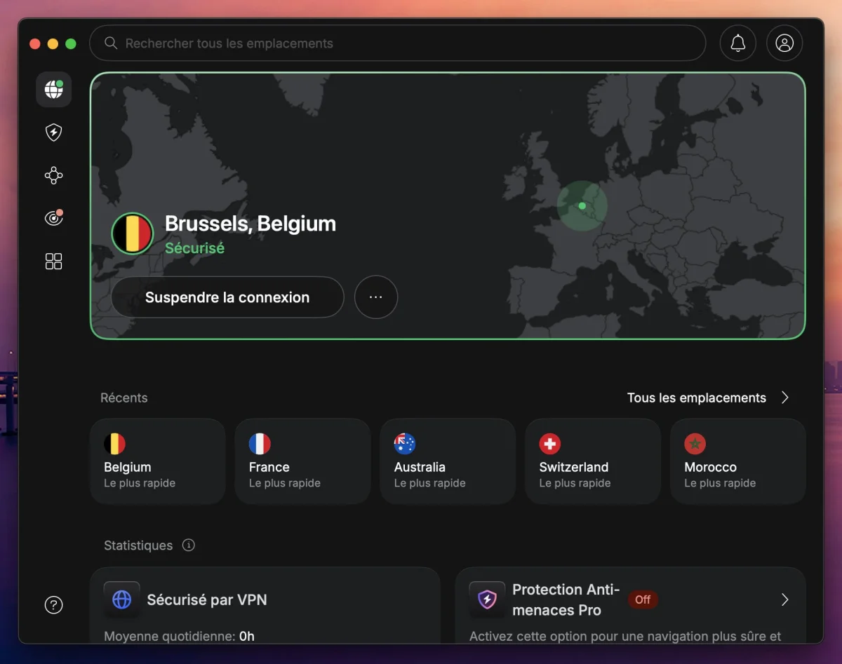 Application NordVPN connectée à un serveur belge — interface ergonomique sur tous OS